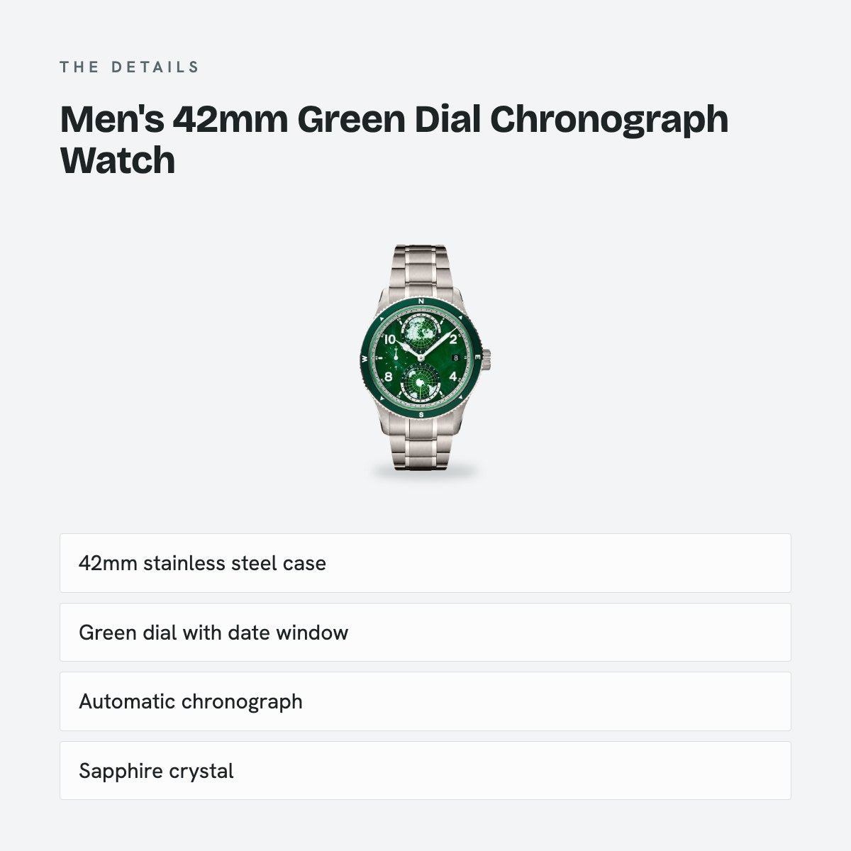 Men's 42mm Green Dial Chronograph Watch, details