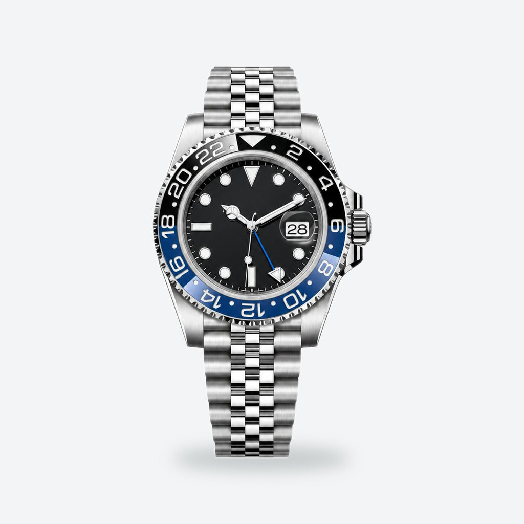 Men's 40mm Automatic GMT Watch, Two-Tone Bezel, Black Dial, Blue/black bezel