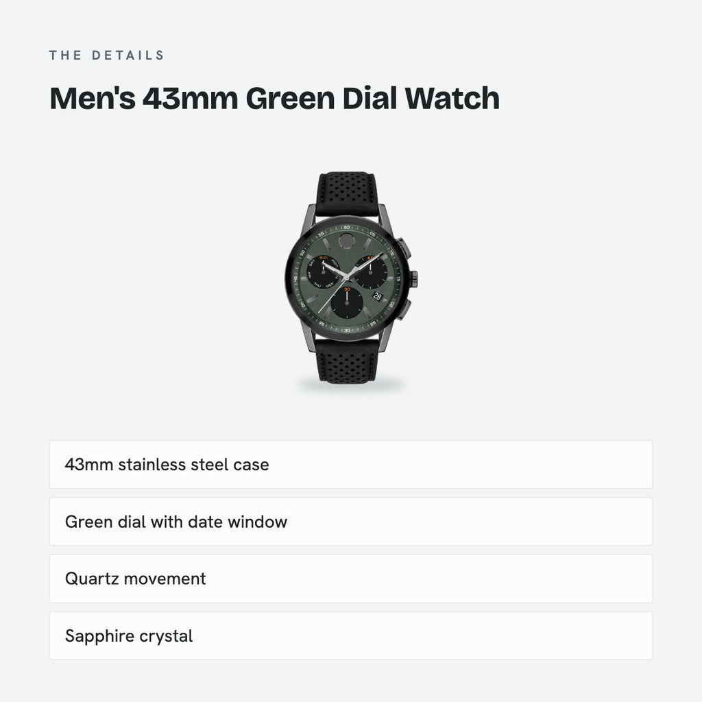 Men's 43mm Green Dial Watch, Leather Strap, details