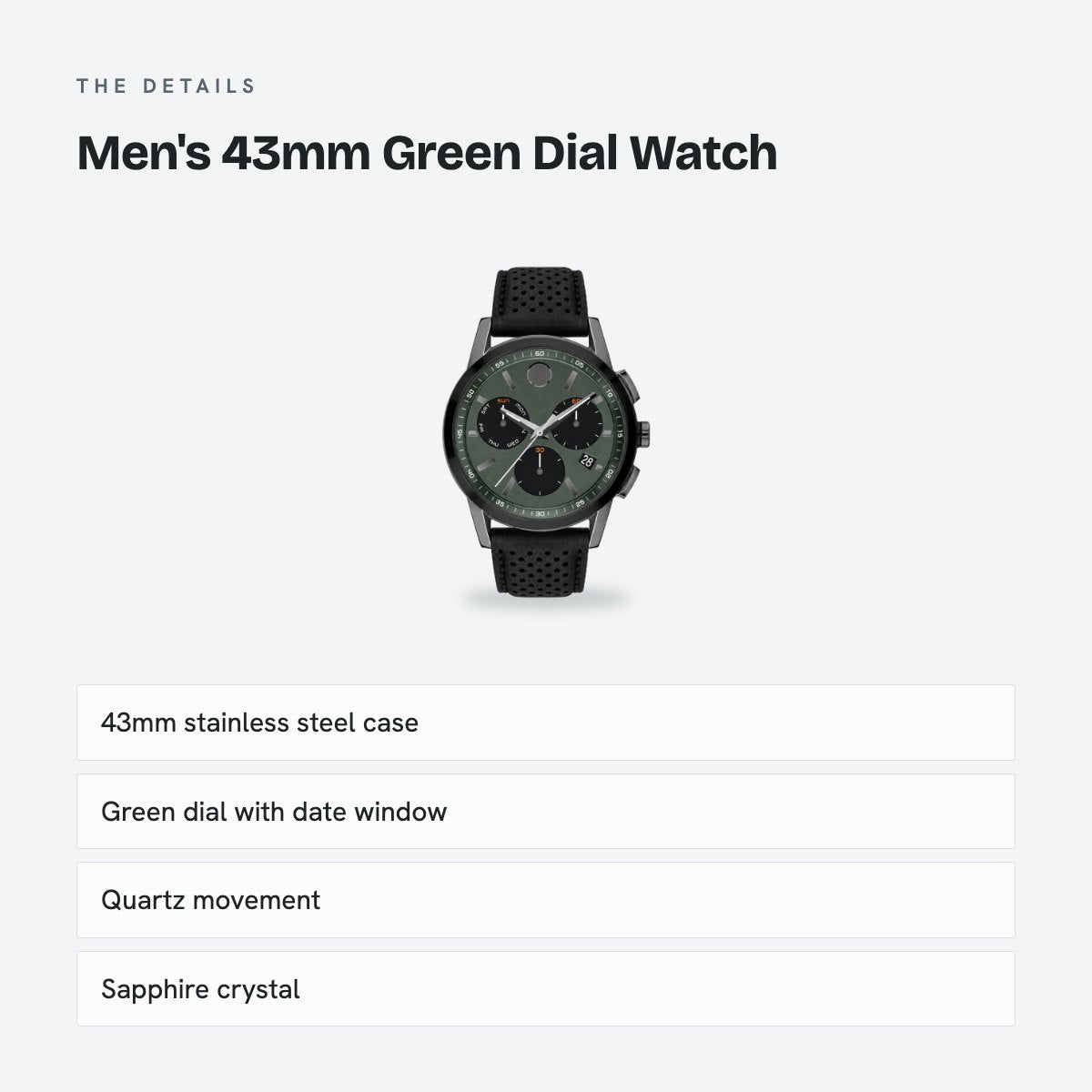Men's 43mm Green Dial Watch, Leather Strap, details