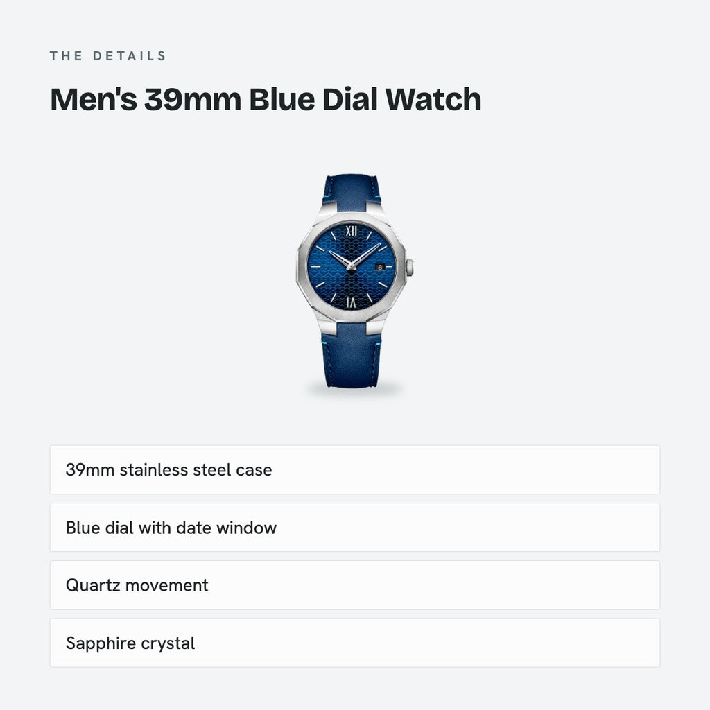 Men's 39mm Blue Dial Watch, Leather Strap, details