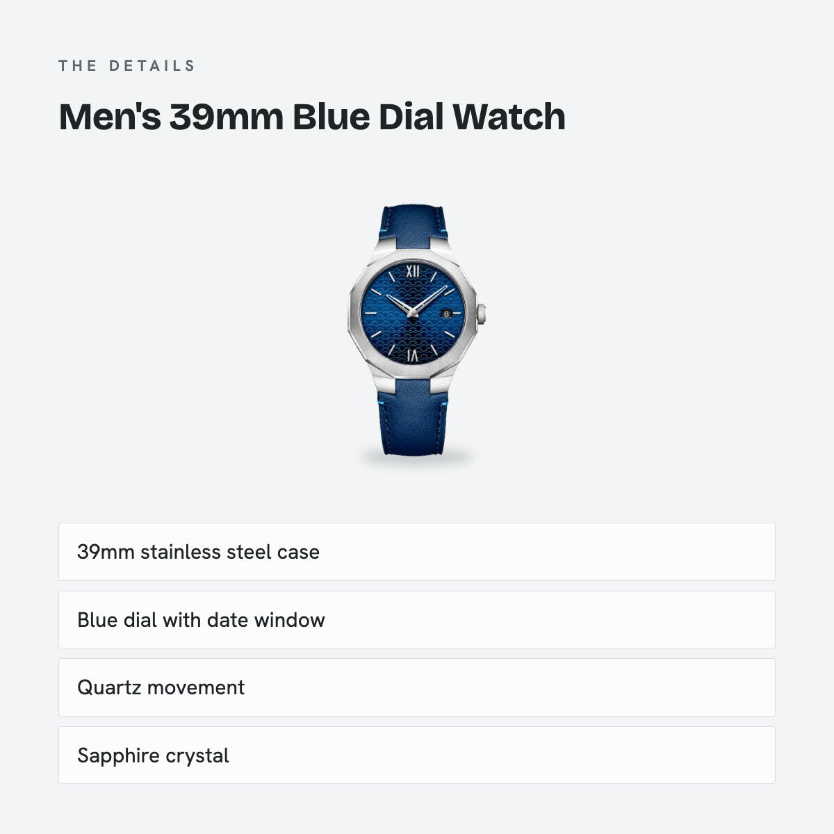 Men's 39mm Blue Dial Watch, Leather Strap, details