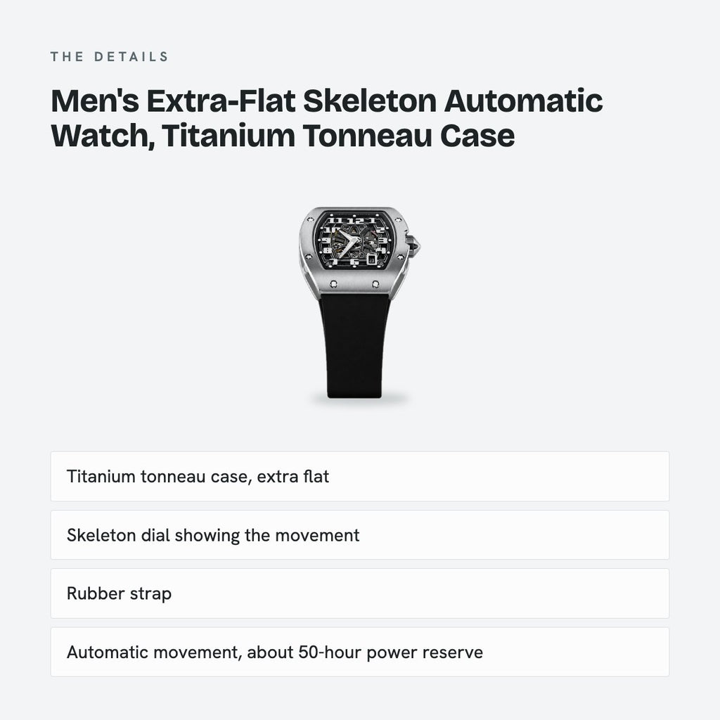 Men's Extra-Flat Skeleton Automatic Watch, Titanium Tonneau Case, details