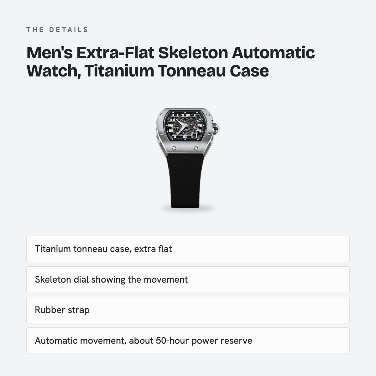 Men's Extra-Flat Skeleton Automatic Watch, Titanium Tonneau Case, details
