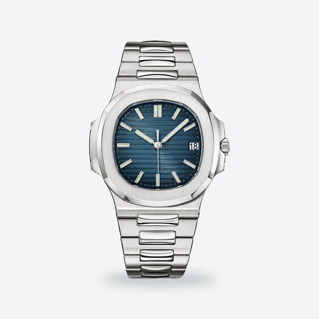 Men's 40mm Automatic Steel Watch, Integrated Bracelet, Black-blue Dial, Blue dial