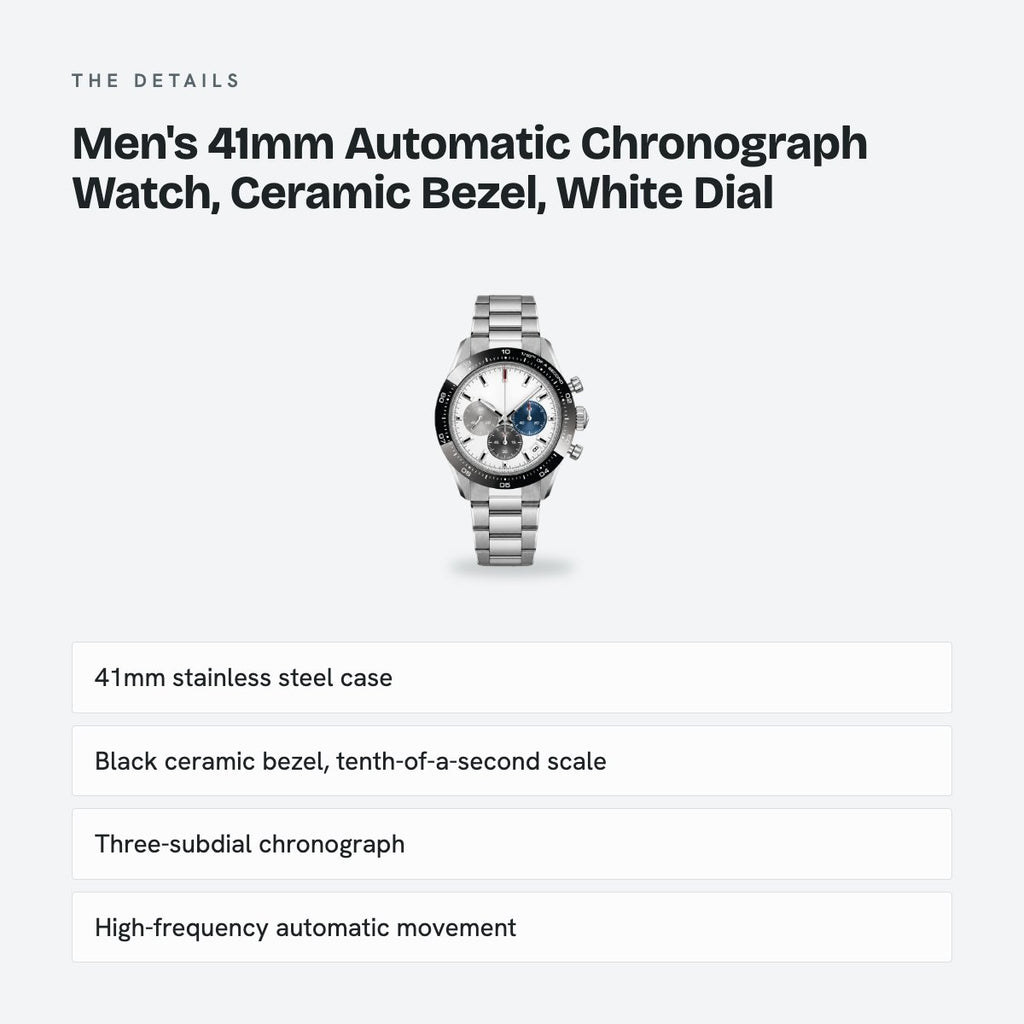 Men's 41mm Automatic Chronograph Watch, Ceramic Bezel, White Dial, details