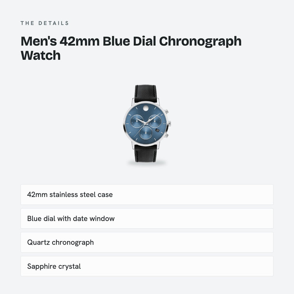 Men's 42mm Blue Dial Chronograph Watch, Leather Strap, details