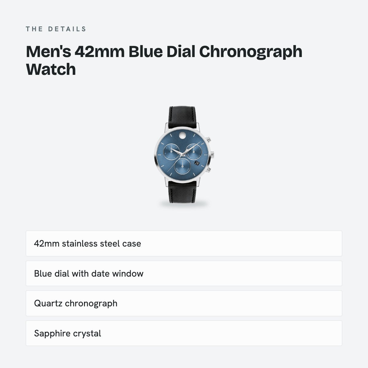 Men's 42mm Blue Dial Chronograph Watch, Leather Strap, details