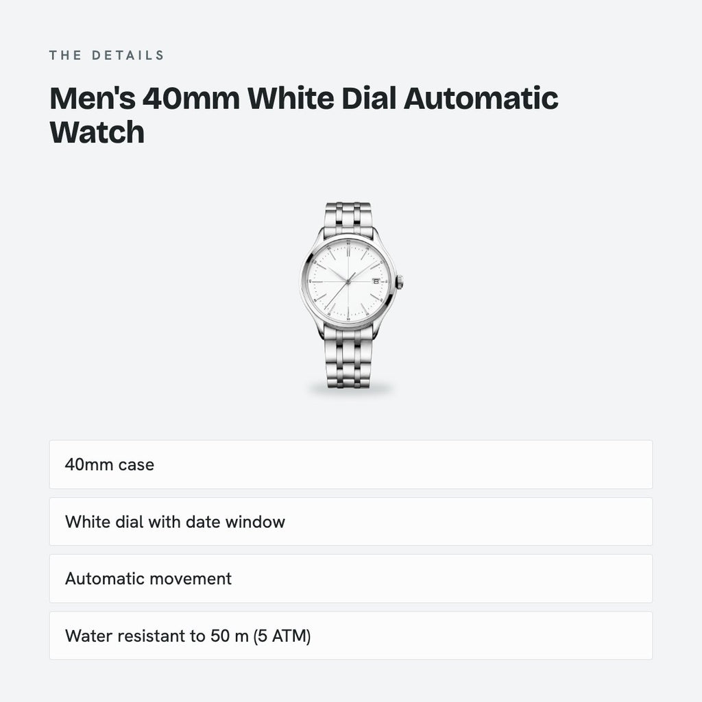 Men's 40mm White Dial Automatic Watch, details