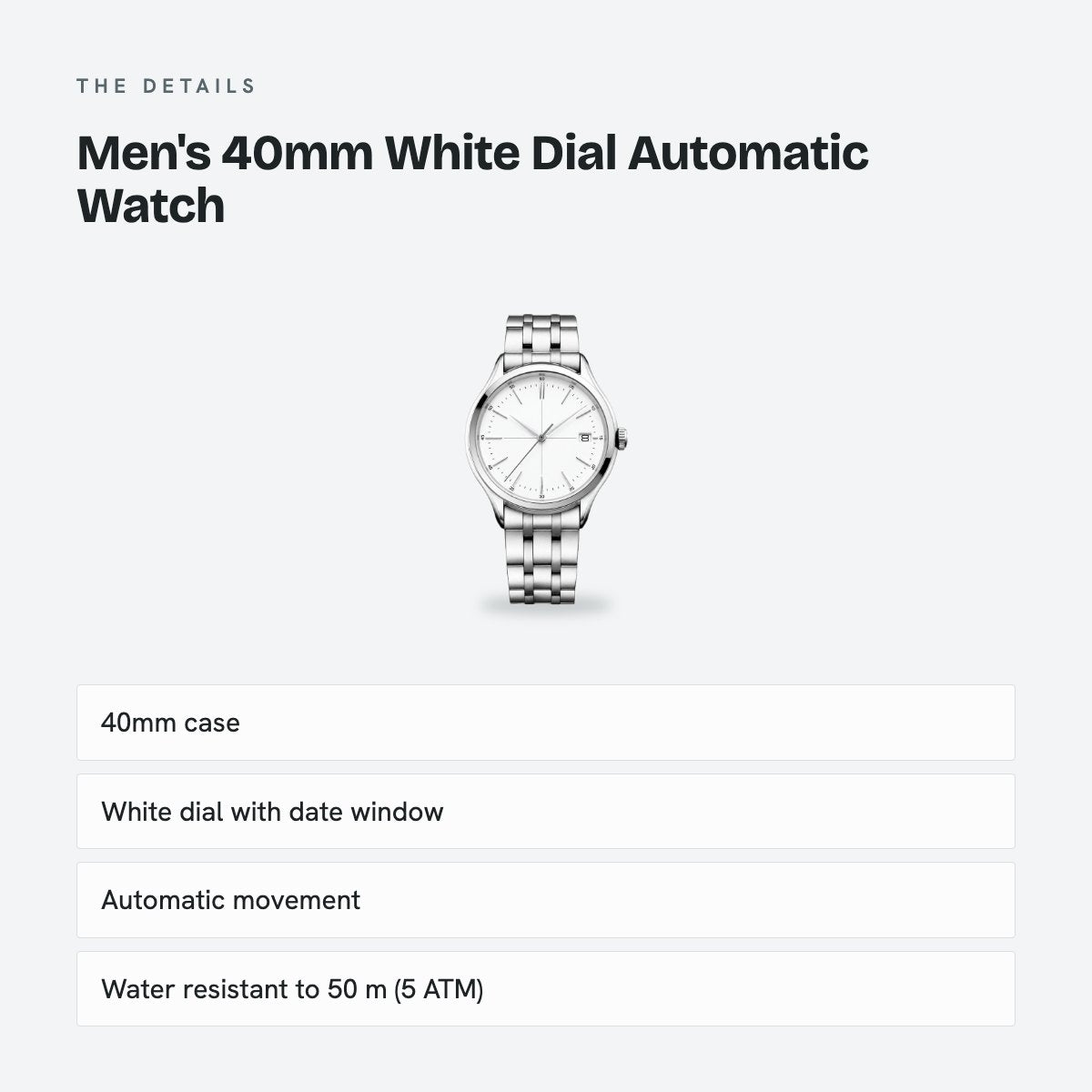 Men's 40mm White Dial Automatic Watch, details