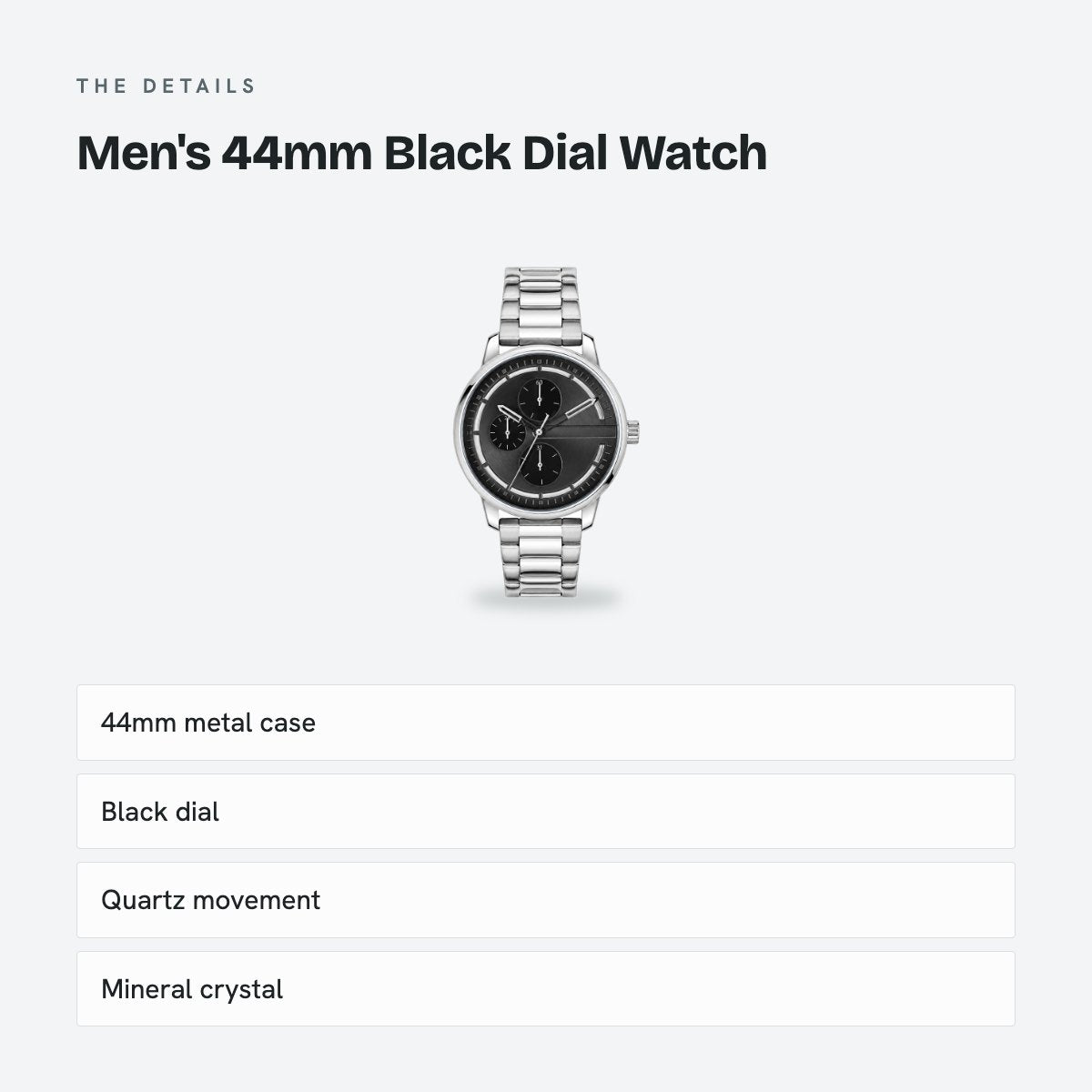 Men's 44mm Black Dial Watch, Metal Bracelet, details