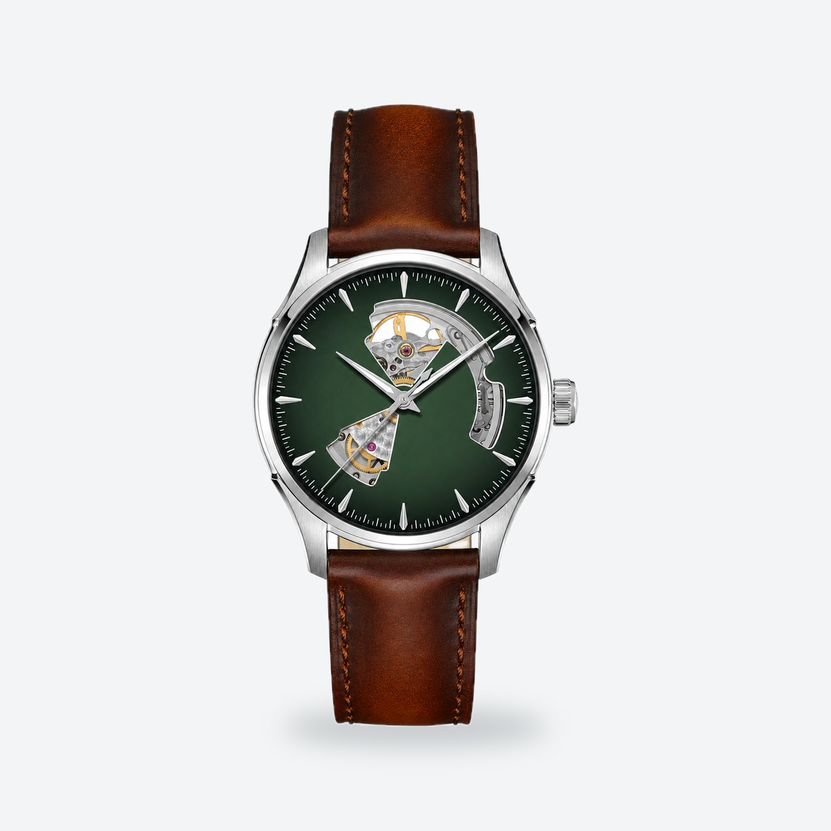 Men's 40mm Automatic Open-Heart Dial Watch, Smoked blue Dial, Green, leather strap