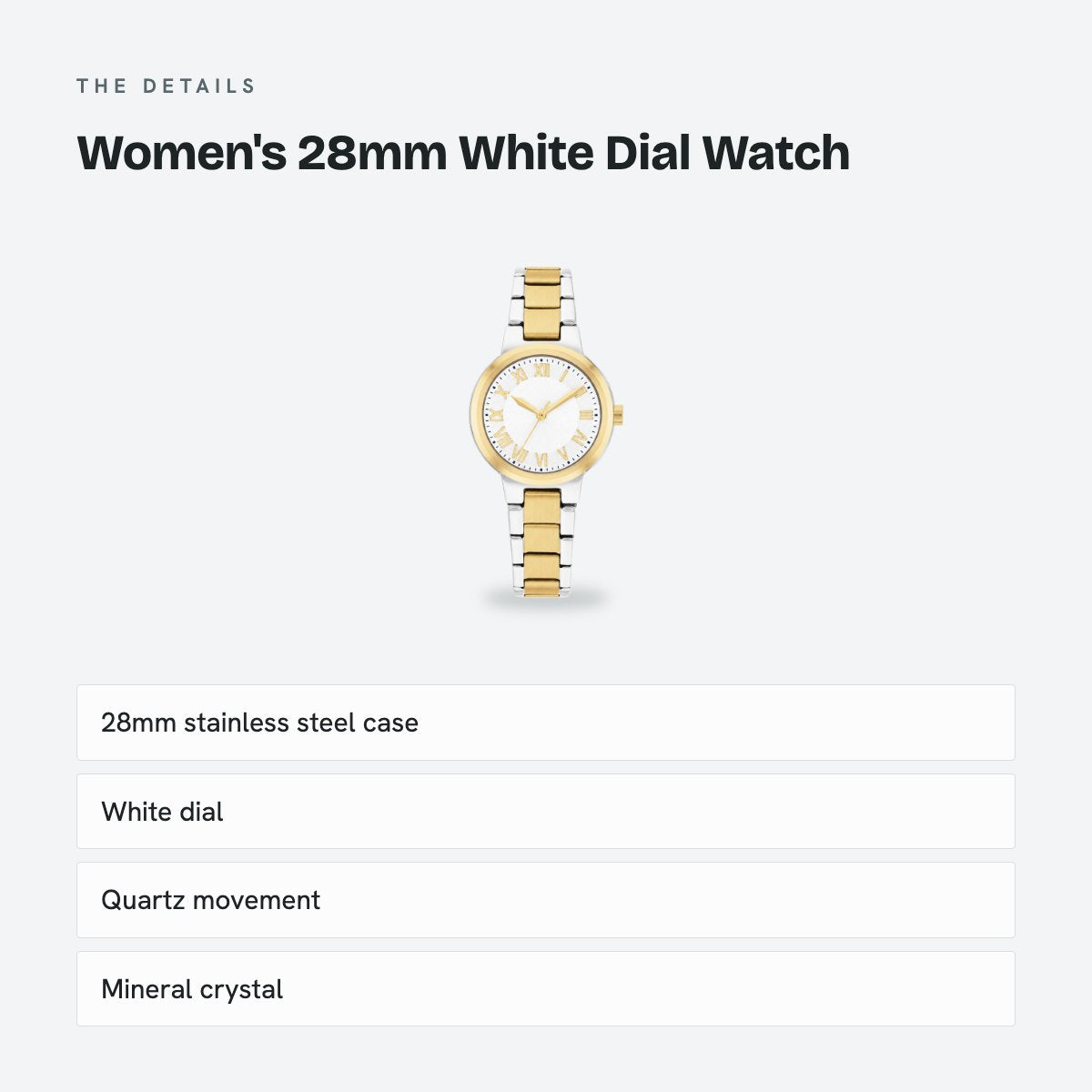 Women's 28mm White Dial Watch, Steel Bracelet, Style 2, details