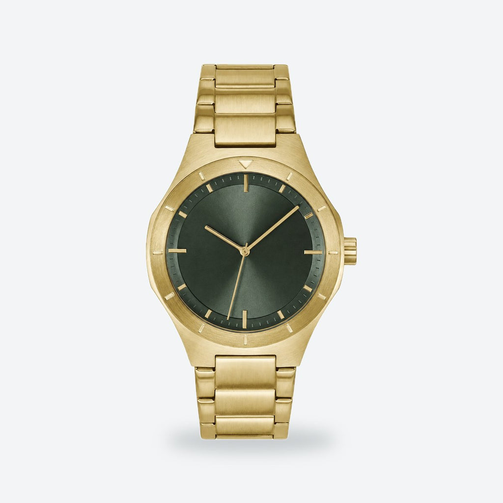 Men's 42mm Black Dial Watch, Steel Bracelet, Green dial / Gold-tone