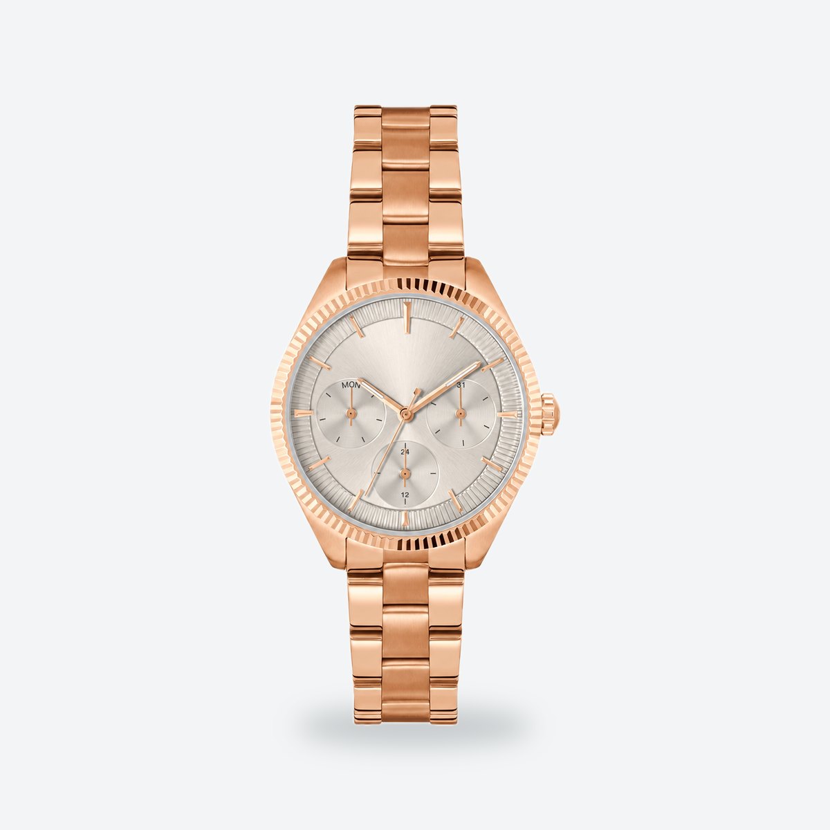 Women's 34mm Silver Dial Watch, Steel Bracelet, Grey dial / Rose gold-tone