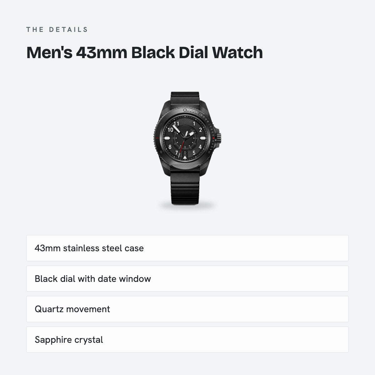 Men's 43mm Black Dial Watch, Rubber Strap, Style 2, details