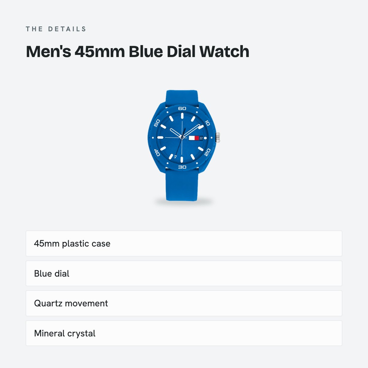 Men's 45mm Blue Dial Watch, Rubber Strap, Style 2, details