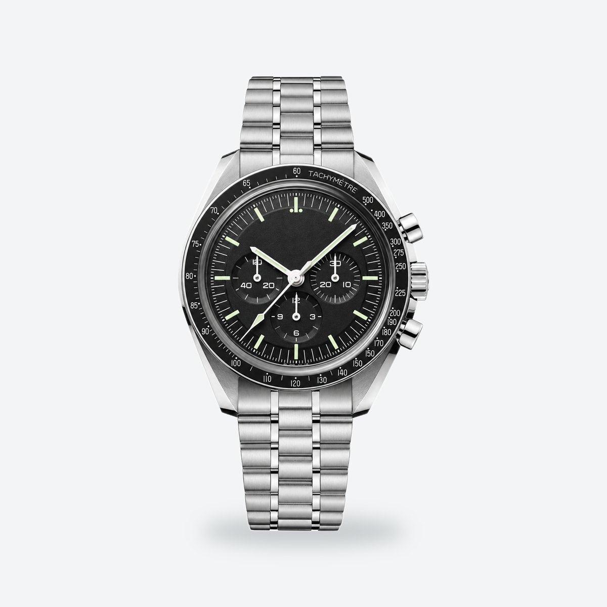 Men's 42mm Hand-Wound Chronograph Watch, Tachymeter Bezel, Black Dial, Black, sapphire crystal