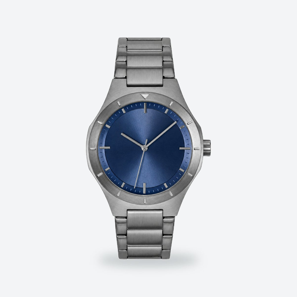 Men's 42mm Black Dial Watch, Steel Bracelet, Blue dial / Grey
