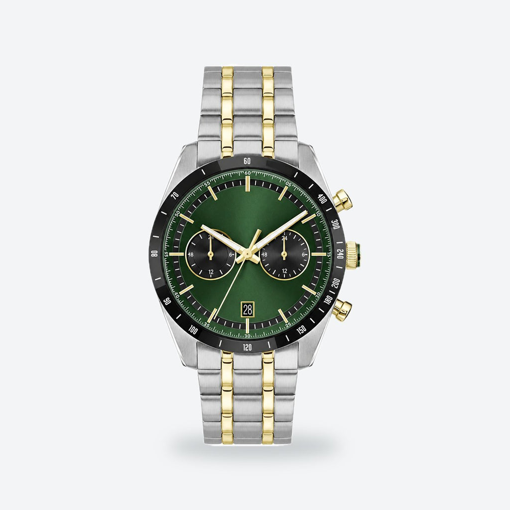 Men's 41mm Blue Dial Watch, Steel Bracelet, Style 3, Green dial / Silver and gold-tone