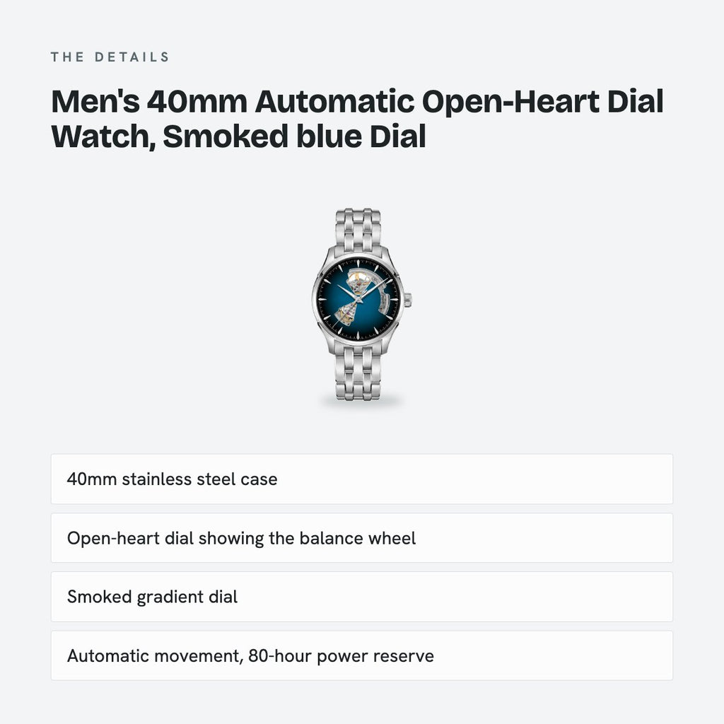 Men's 40mm Automatic Open-Heart Dial Watch, Smoked blue Dial, details