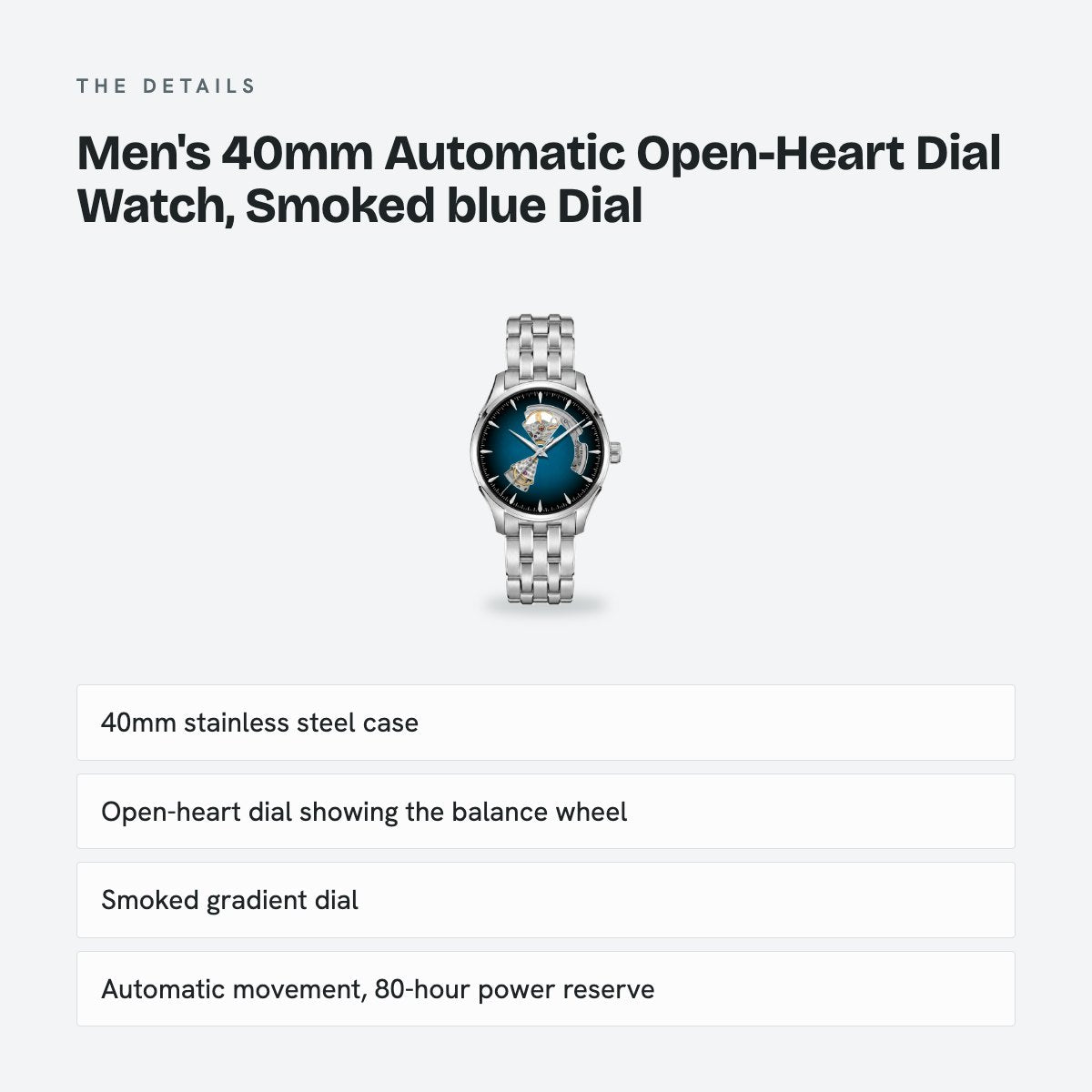 Men's 40mm Automatic Open-Heart Dial Watch, Smoked blue Dial, details