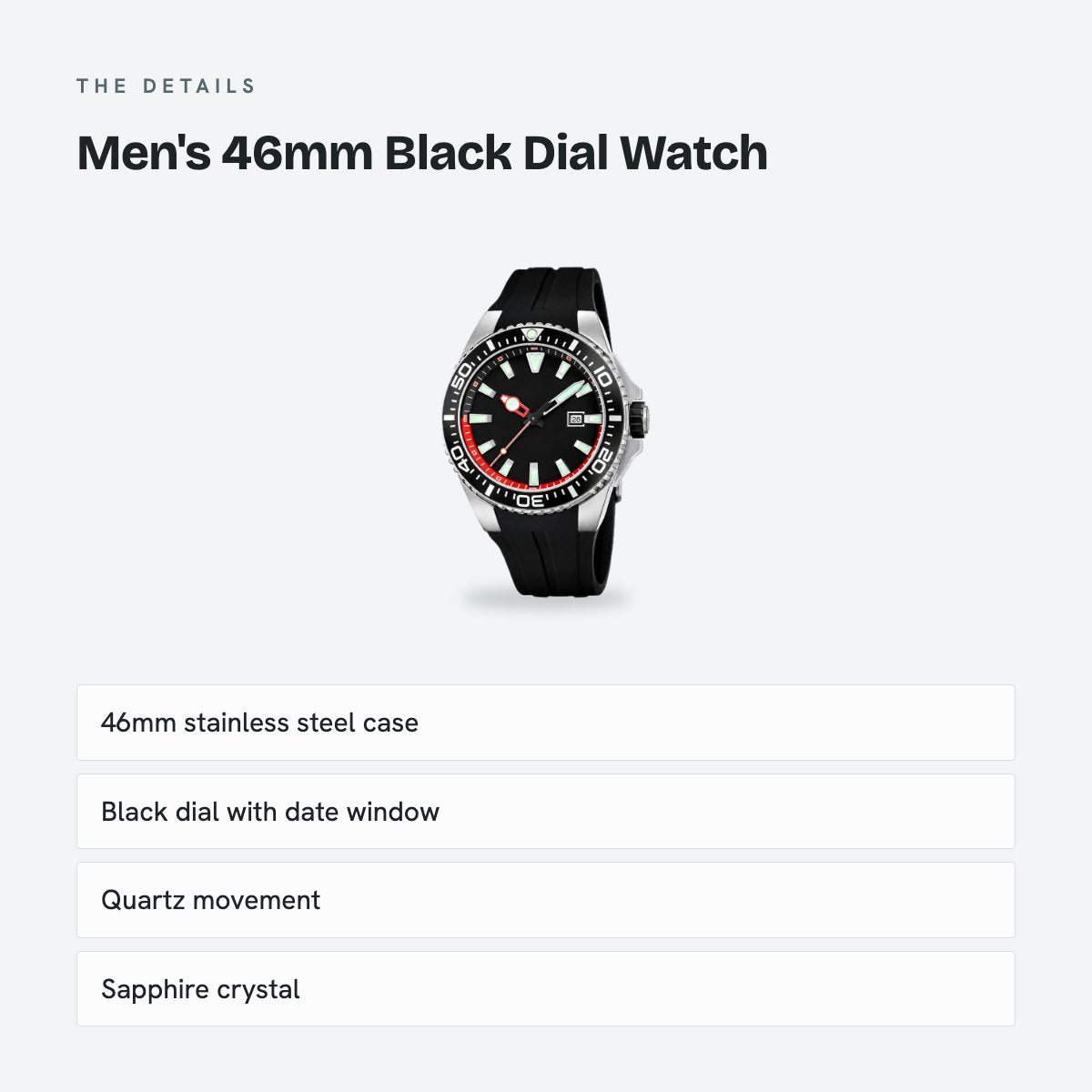 Men's 46mm Black Dial Watch, details