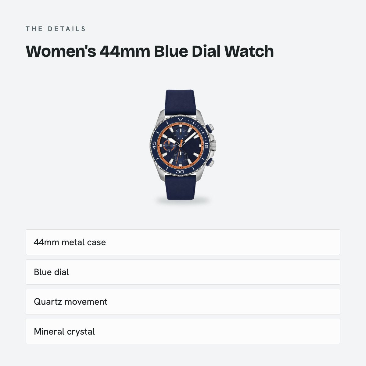 Women's 44mm Blue Dial Watch, details
