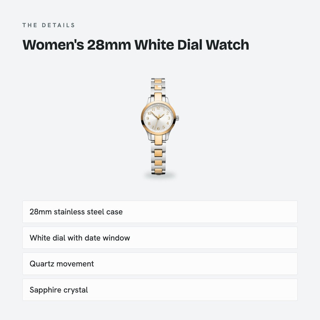 Women's 28mm White Dial Watch, Steel Bracelet, details