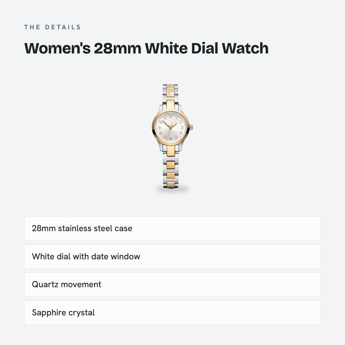Women's 28mm White Dial Watch, Steel Bracelet, details