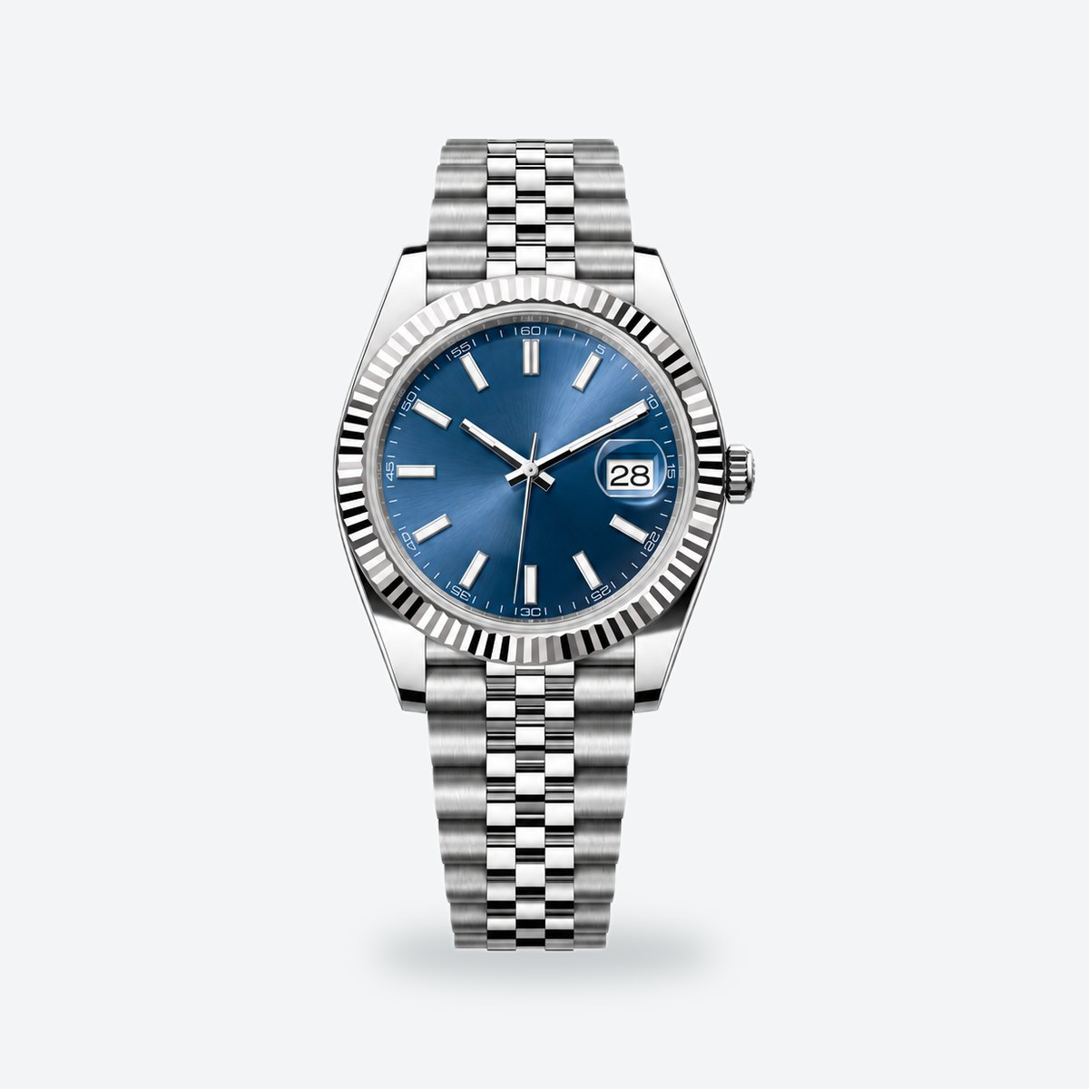 Men's 41mm Automatic Dress Watch, Fluted Bezel, Bright blue Dial, Bright blue