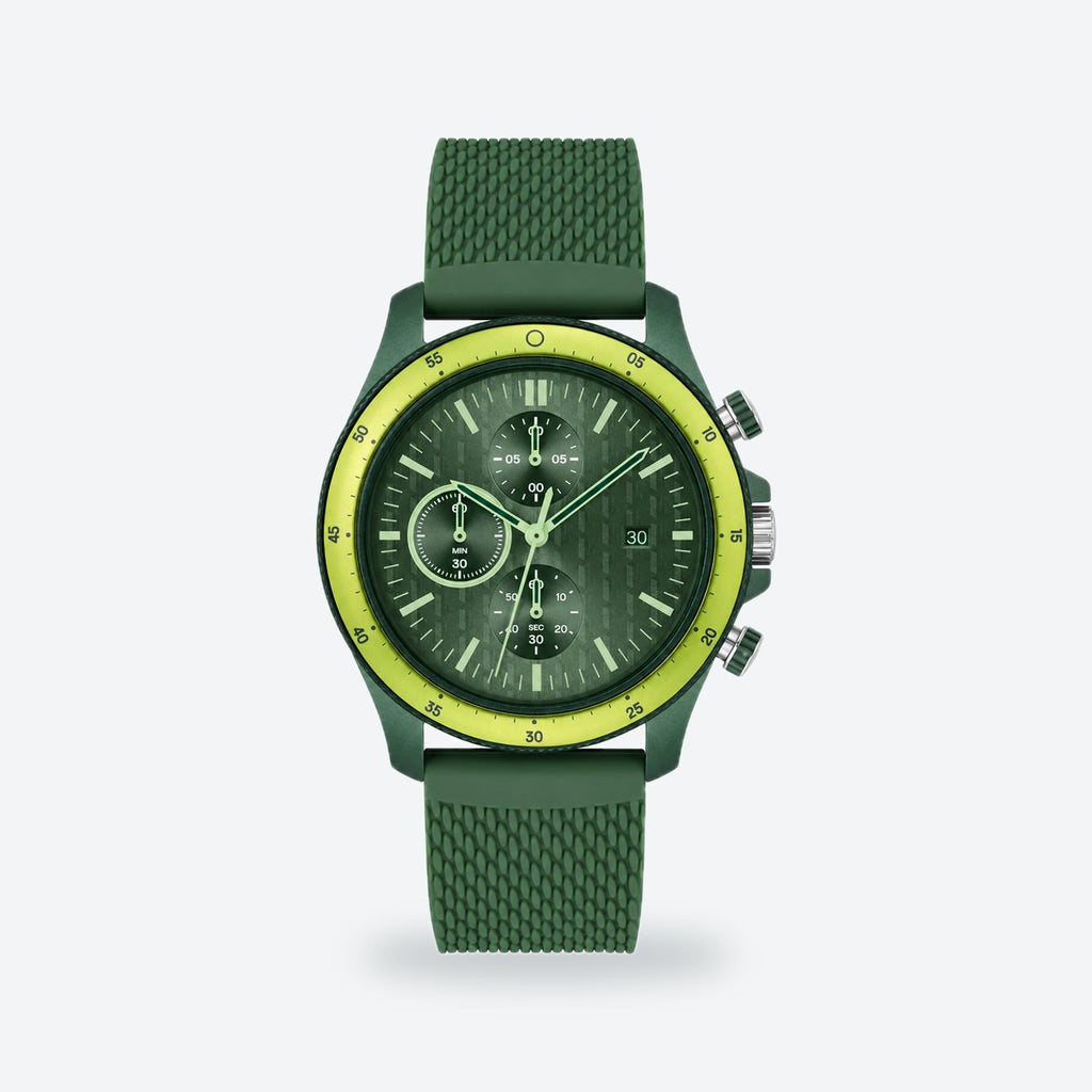 Men's 42mm Blue Dial Chronograph Watch, Rubber Strap, Green dial / Green