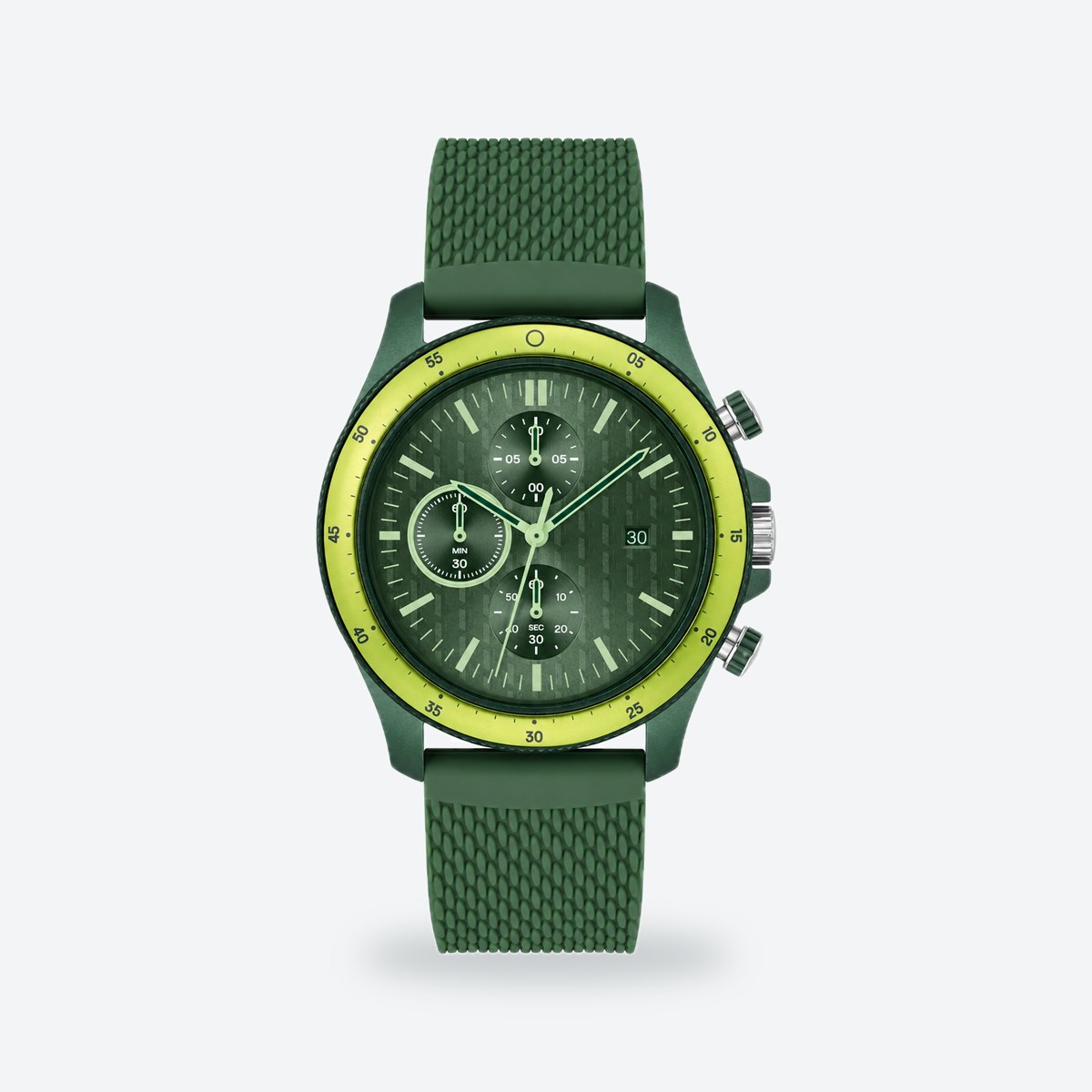 Men's 42mm Blue Dial Chronograph Watch, Rubber Strap, Green dial / Green