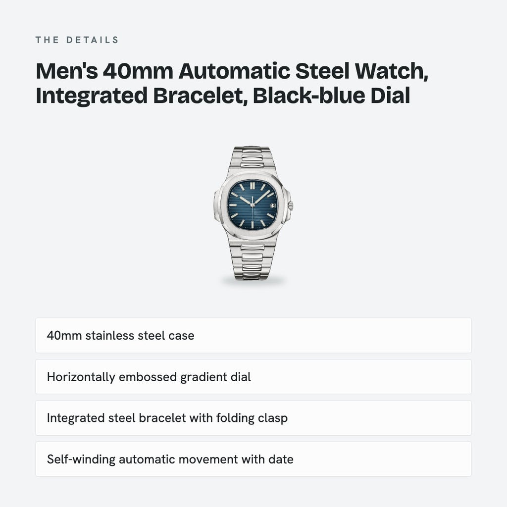 Men's 40mm Automatic Steel Watch, Integrated Bracelet, Black-blue Dial, details