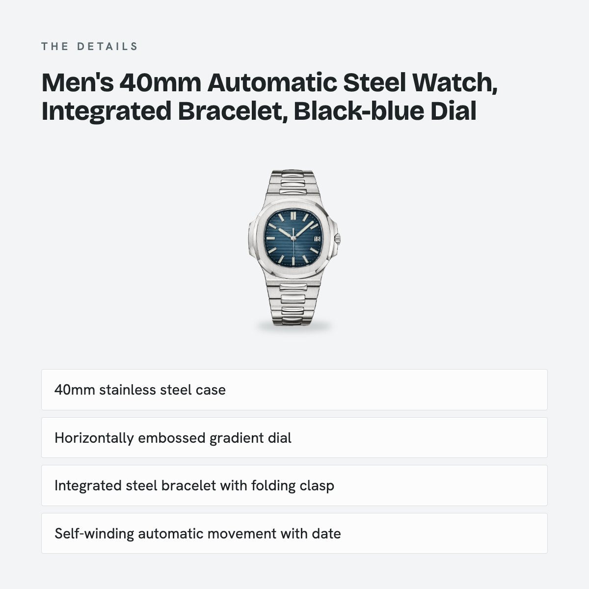 Men's 40mm Automatic Steel Watch, Integrated Bracelet, Black-blue Dial, details