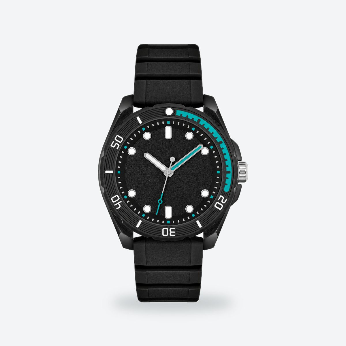 Men's 44mm Black Dial Watch, Rubber Strap, Black dial / Black