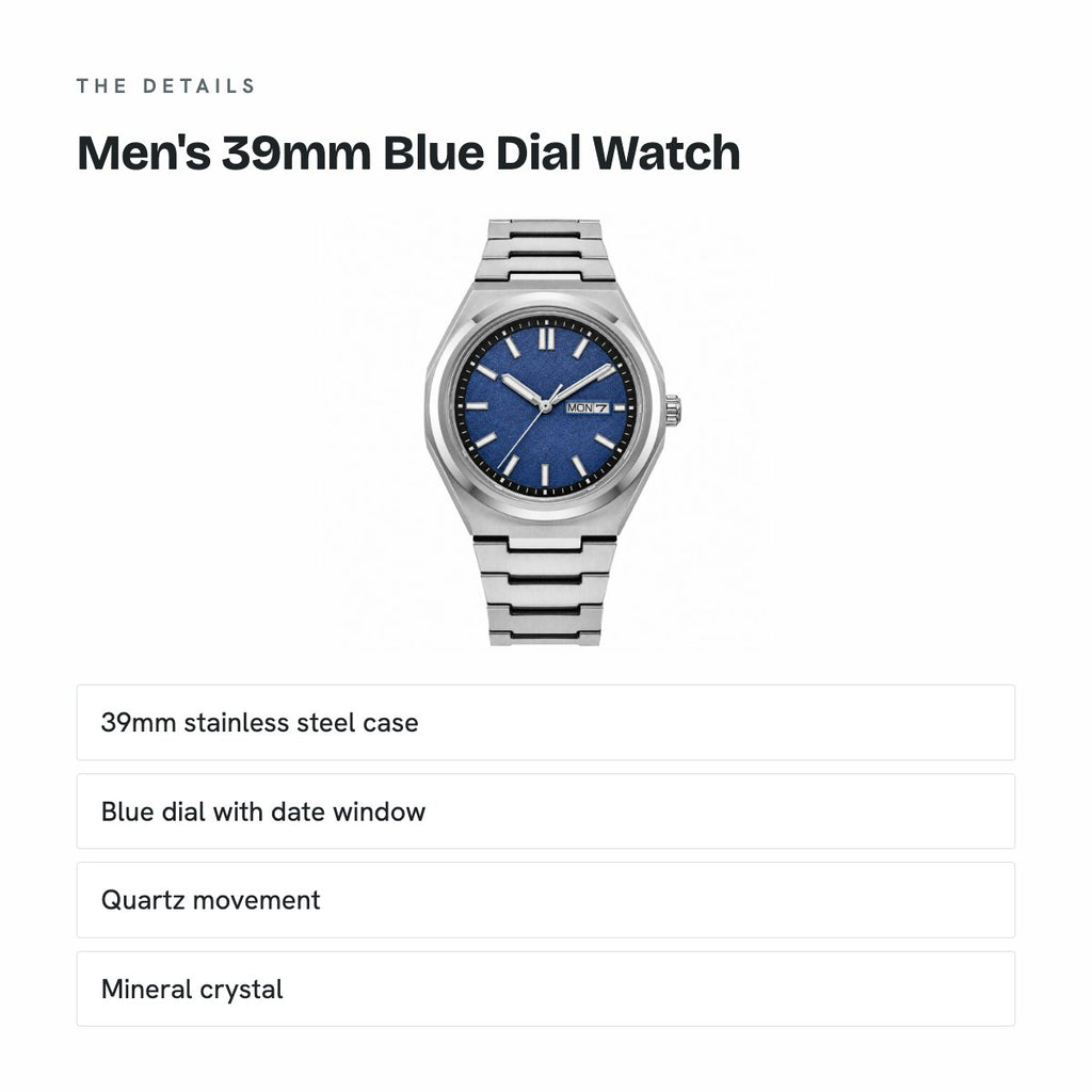 Men's 39mm Blue Dial Watch, Steel Bracelet, details