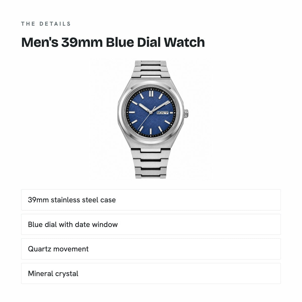 Men's 39mm Blue Dial Watch, Steel Bracelet, details