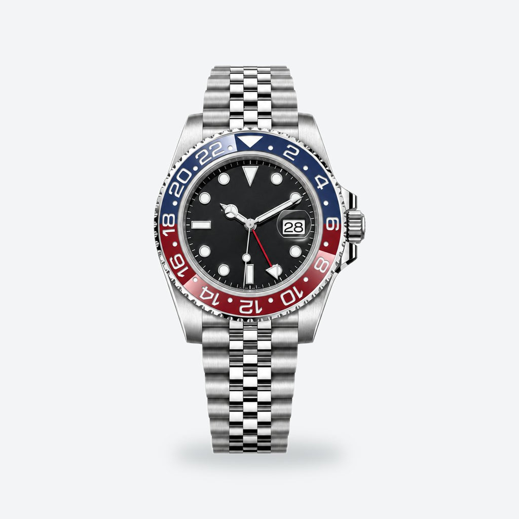 Men's 40mm Automatic GMT Watch, Two-Tone Bezel, Black Dial, Blue/red bezel