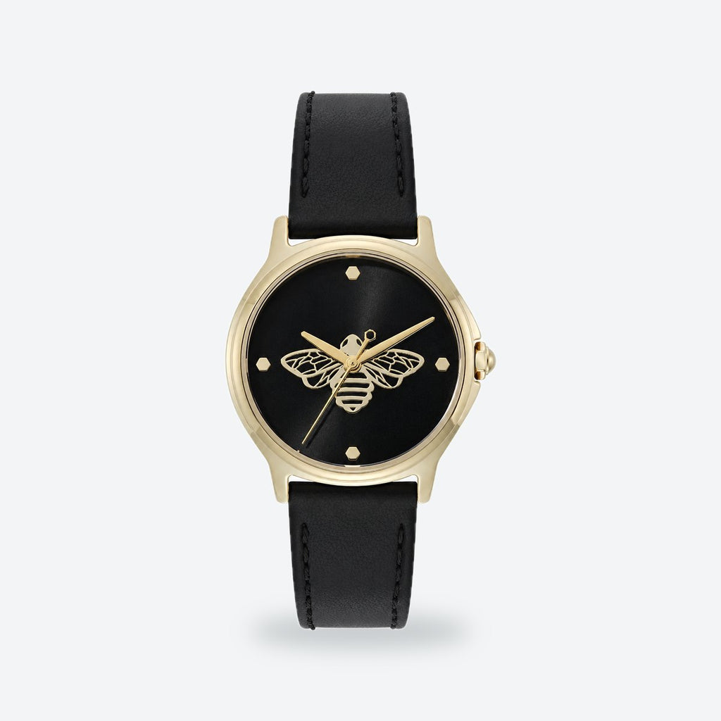 Women's 30mm Pink Dial Watch, Leather Strap, Black dial / Black