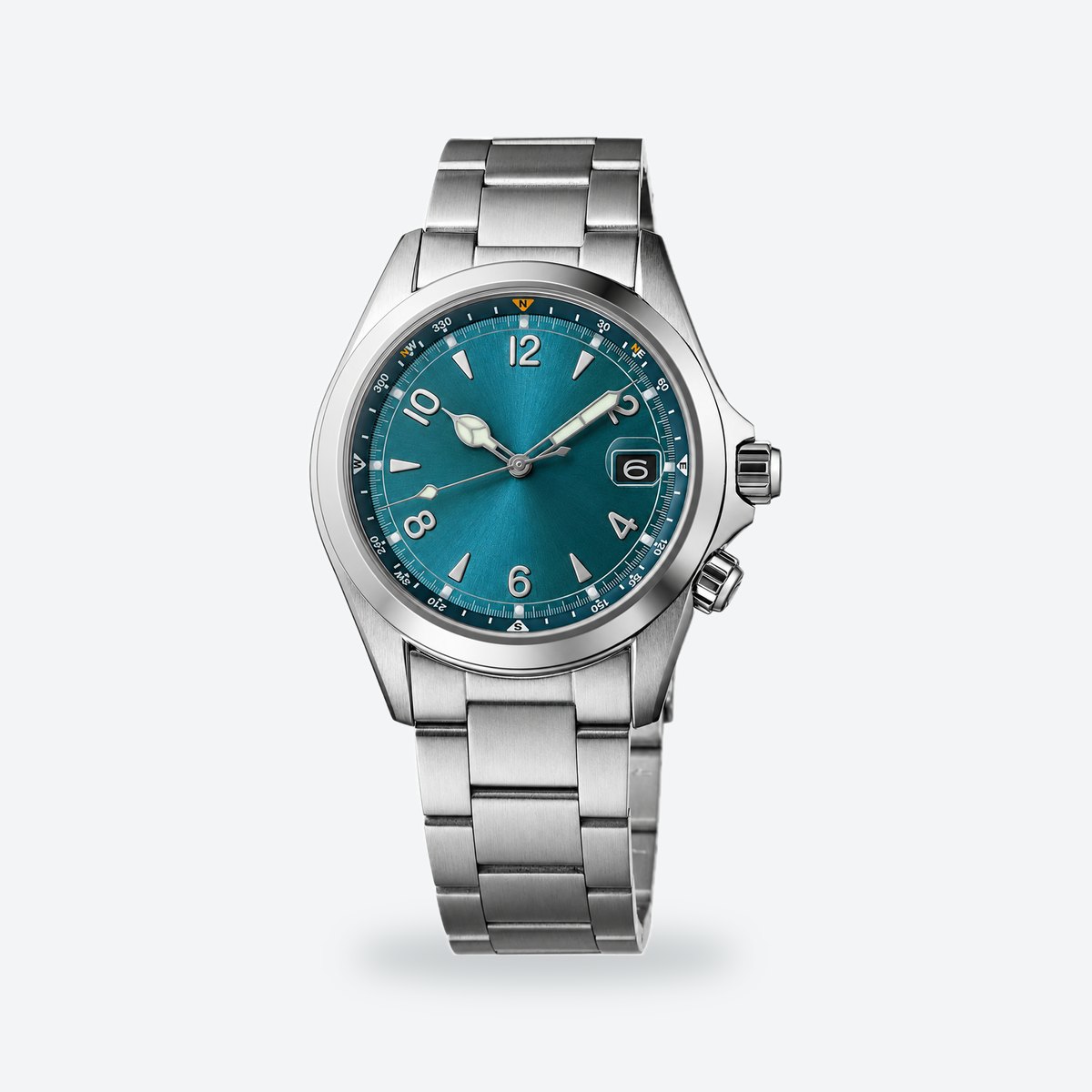 Men's 39.5mm Automatic Field Watch, Compass Ring, Green Dial, Teal, steel bracelet