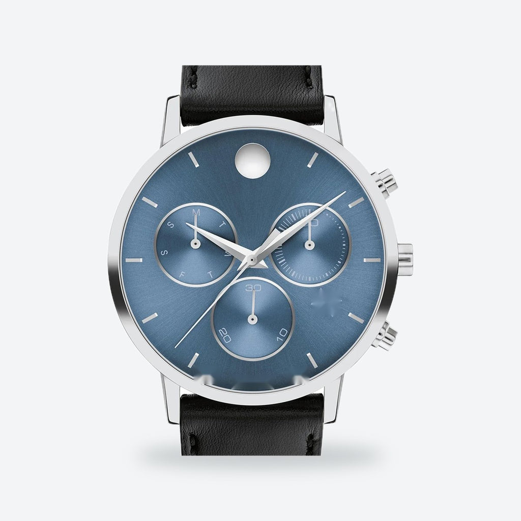 Men's 42mm Blue Dial Chronograph Watch, Leather Strap, view 2