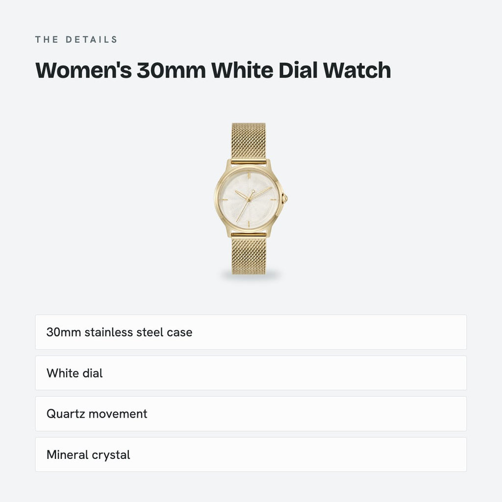 Women's 30mm White Dial Watch, Steel Bracelet, Gold-Tone, details