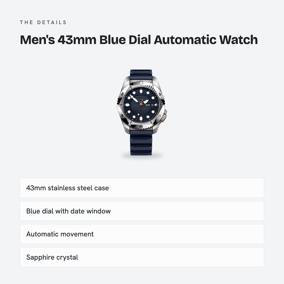 Men's 43mm Blue Dial Automatic Watch, details