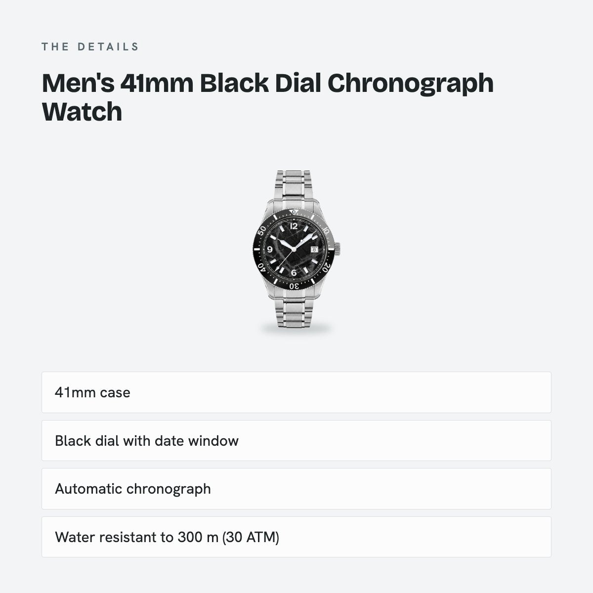 Men's 41mm Black Dial Chronograph Watch, details