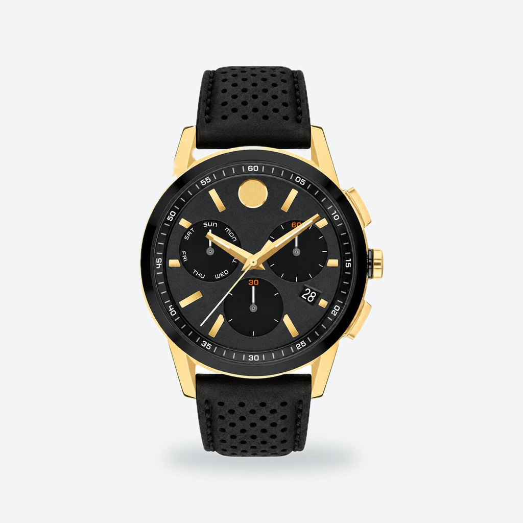 Men's 43mm Green Dial Watch, Leather Strap, Black dial / Black
