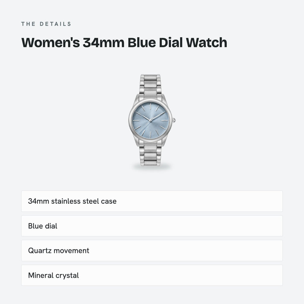 Women's 34mm Blue Dial Watch, Steel Bracelet, details