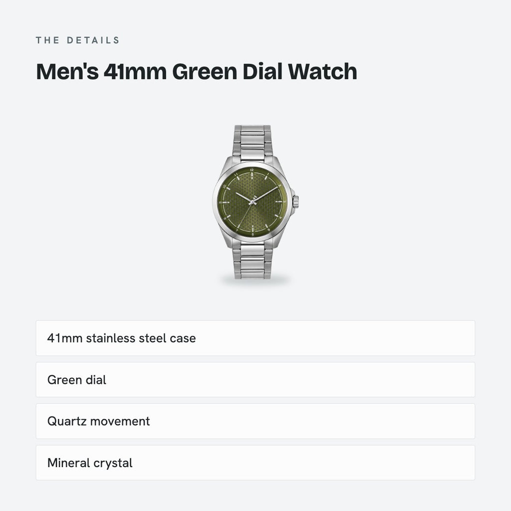 Men's 41mm Green Dial Watch, Steel Bracelet, details