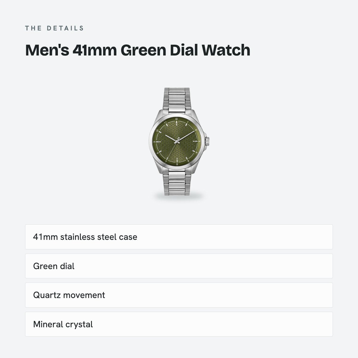 Men's 41mm Green Dial Watch, Steel Bracelet, details