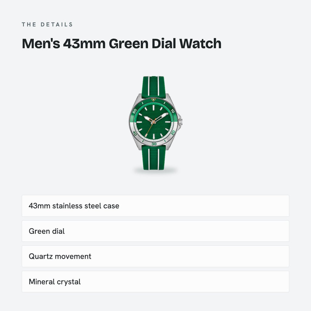 Men's 43mm Green Dial Watch, Rubber Strap, details